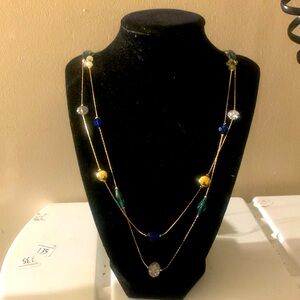Talbots necklace, extra long, double chain gold blue green pearl 36”